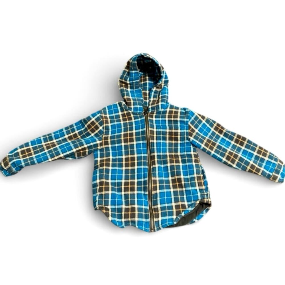 Colorful Planet Boy's Flannel Jacket Small 6-7 Blue Brown Plaid Cotton Zip Up